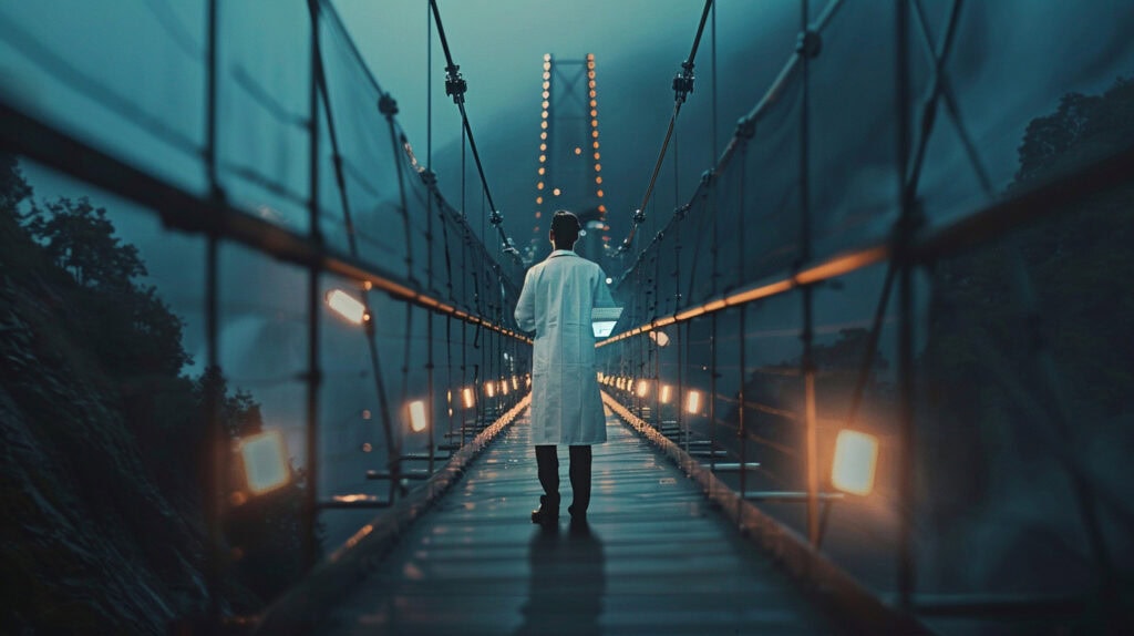 Doctor walking over the bridge at night with a tablet.