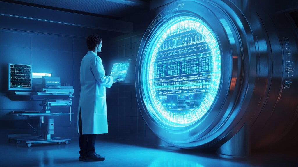 Doctor standing in front of a holographic safe with medical data.