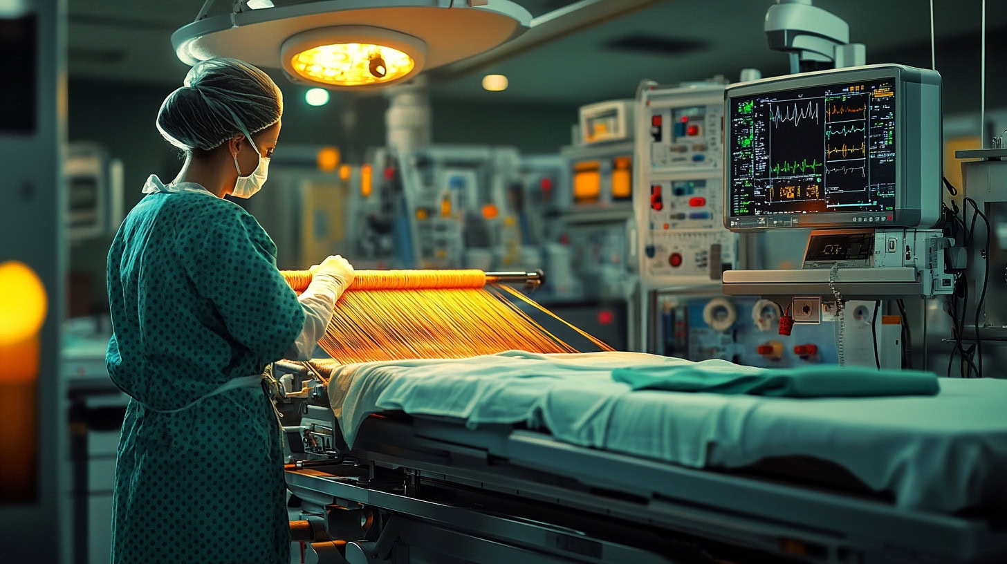 physician and weaving loom in operating room