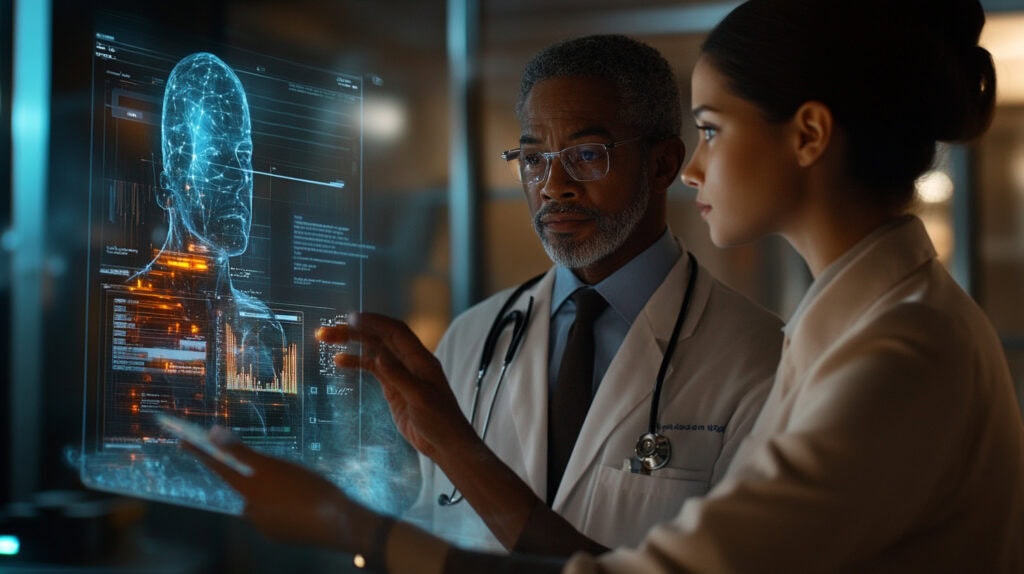 Doctors looking at holographic AI output