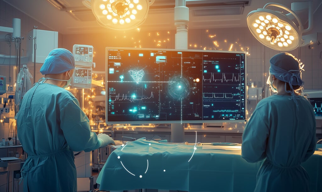 Surgeons in operating room surrounded by technology