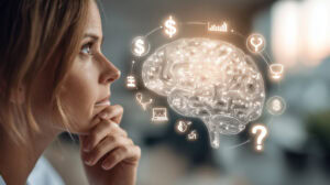 woman looking at glowing brain with medical symbols