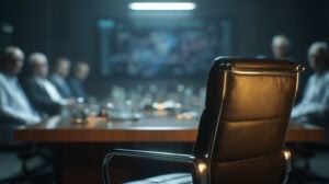 conference room, people in business attire around conference table, 1 empty chair