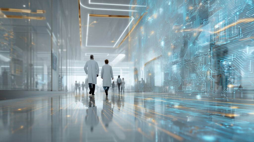 Abstract hospital lobby with patients