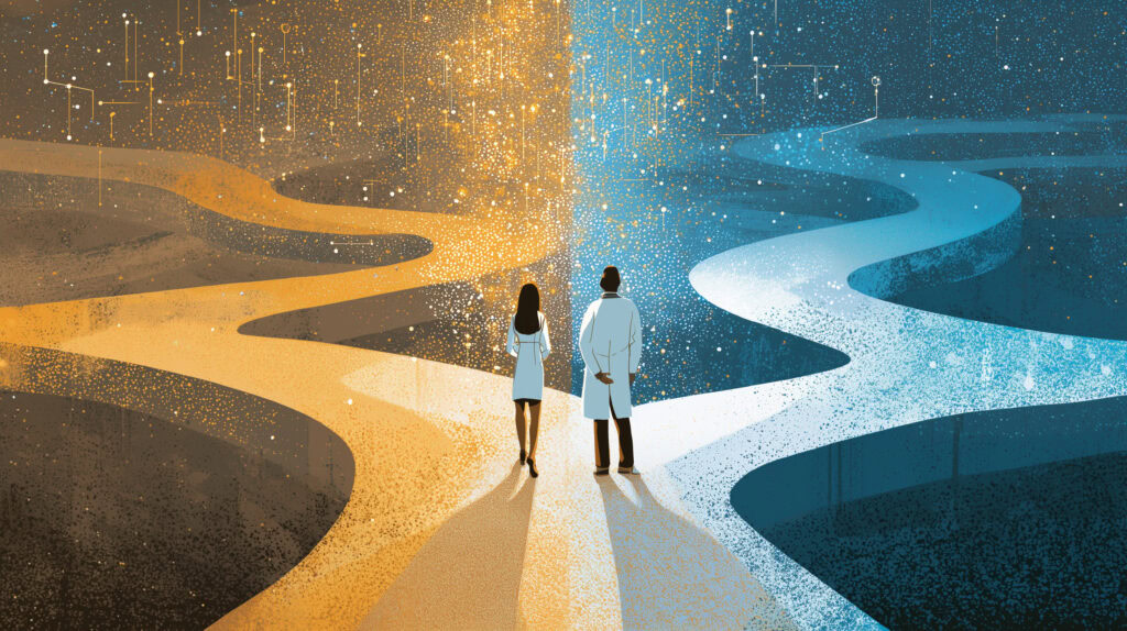 Two people at fork in road