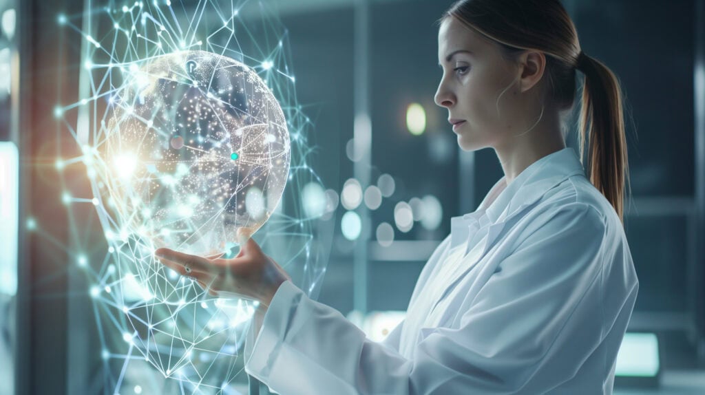 Woman and glowing AI globe