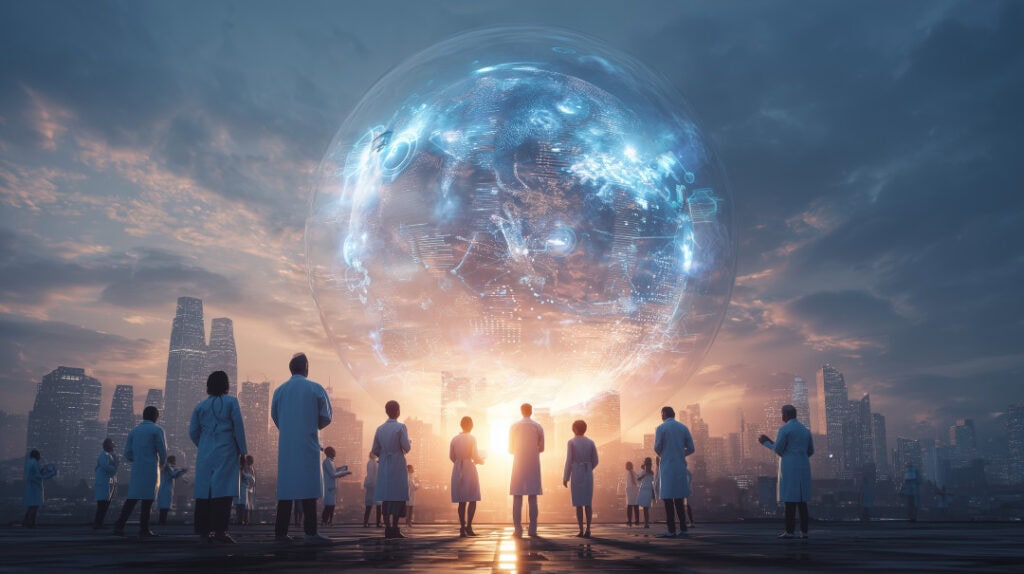 patients, doctors around floating globe