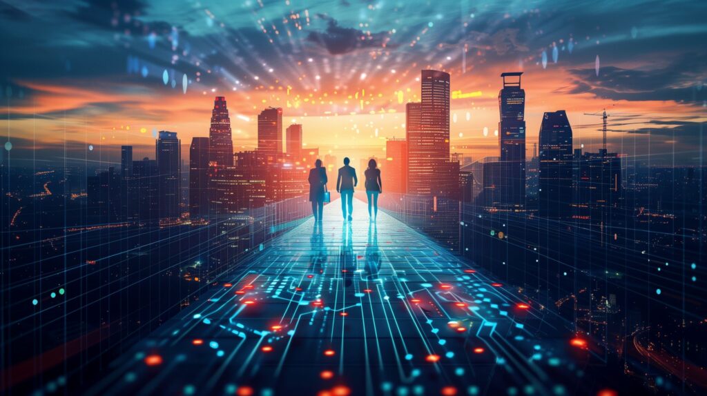 People walking on circuit board into a sunset