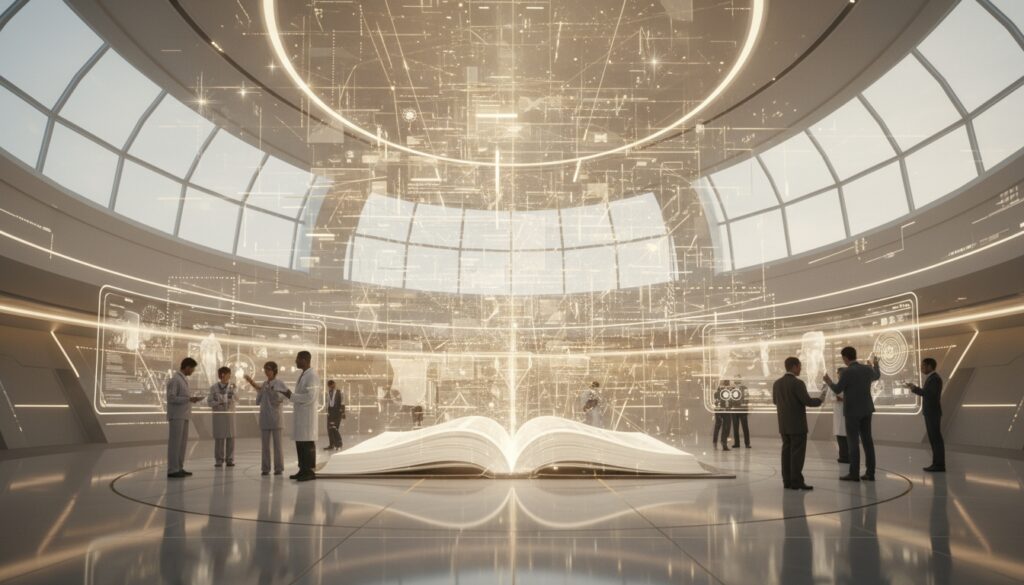 Large open glowing book with people