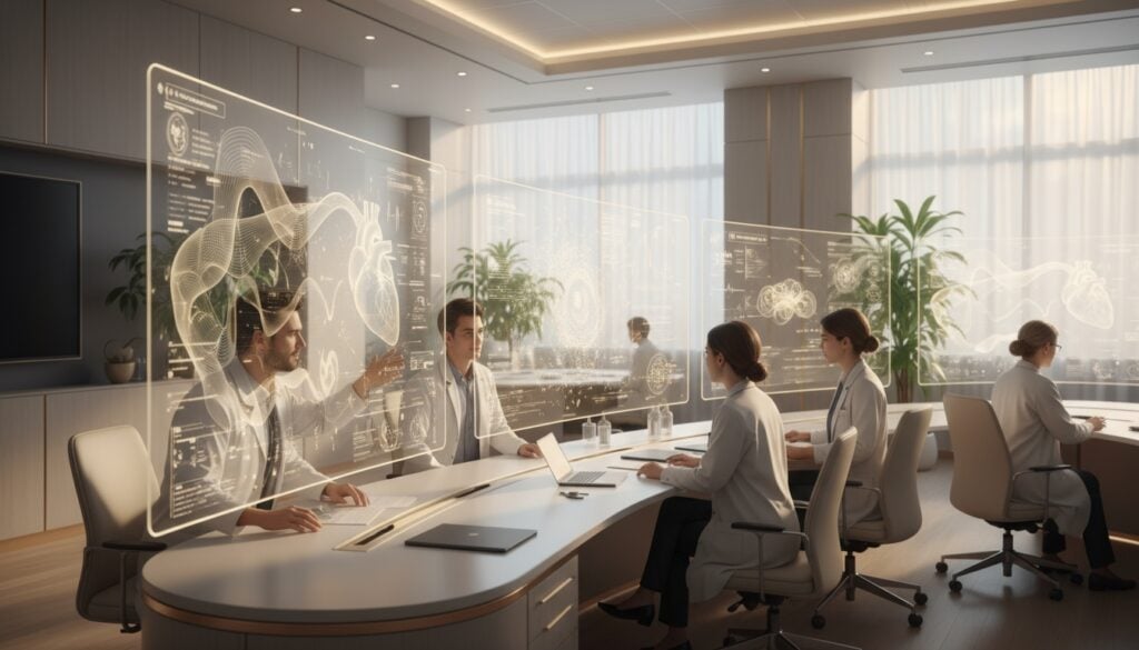 People at desk with data hologram