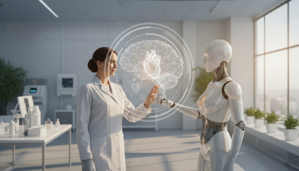 doctor and sndroid with digital hologram