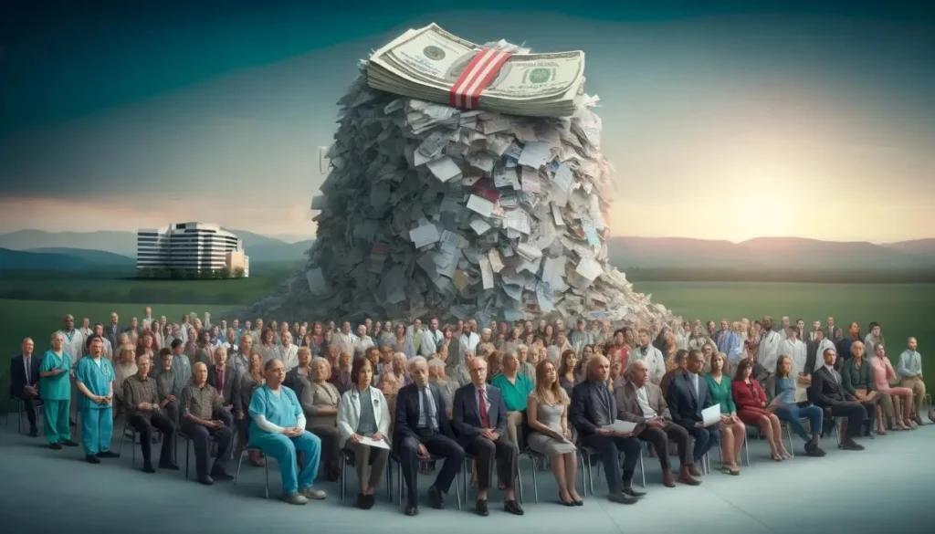 A group of hospital staff sitting in front of a pile of cash