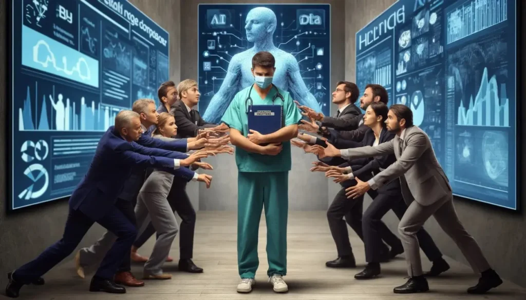 A doctor looking distressed in the middle with two groups of people reaching out to him