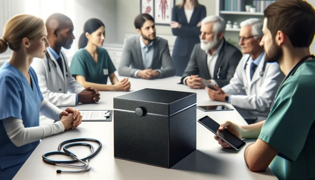 A group of doctors / hospital leadership sitting at a table with a black box on it