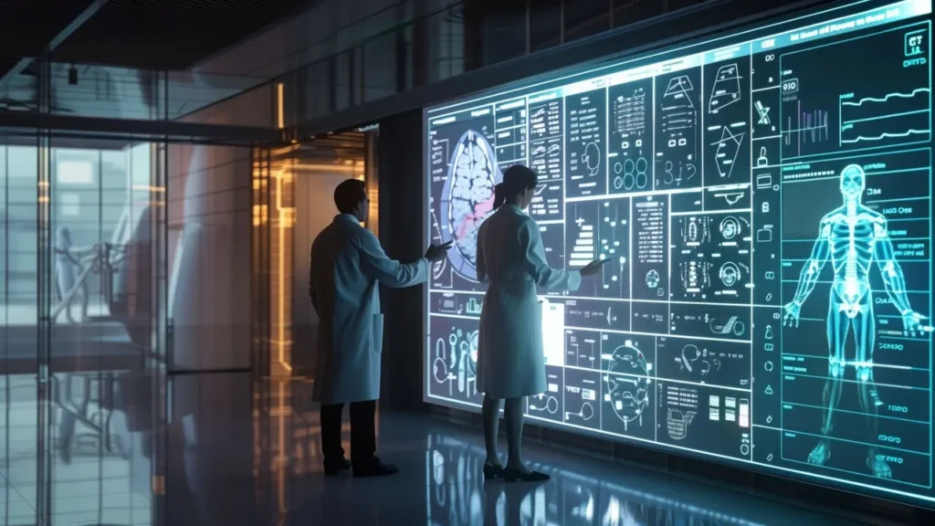 Two doctors looking and analyzing patient data on a large screen