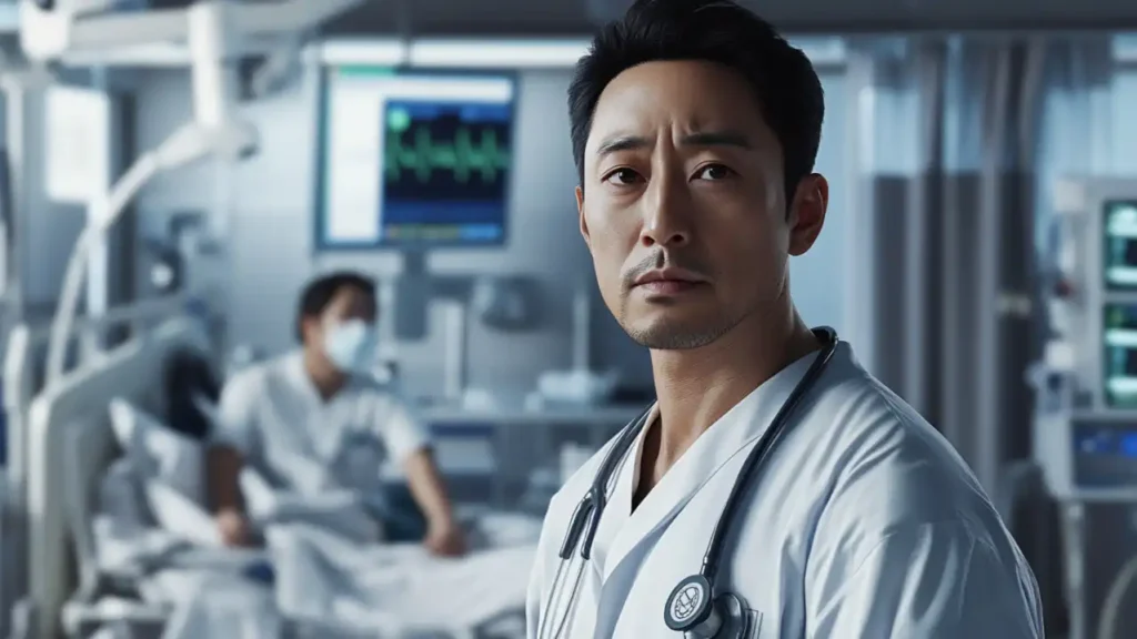 A doctor standing still with a patient behind them