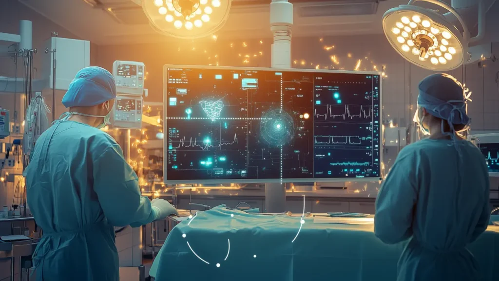 Two doctors in surgery scrubs looking at a monitor showing AI output