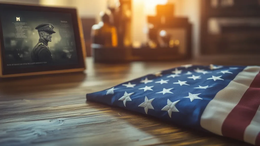 The American flag on a table beside a framed photo of a soldier