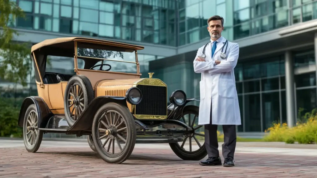 A doctor standing with their hands folded beside a vintage car