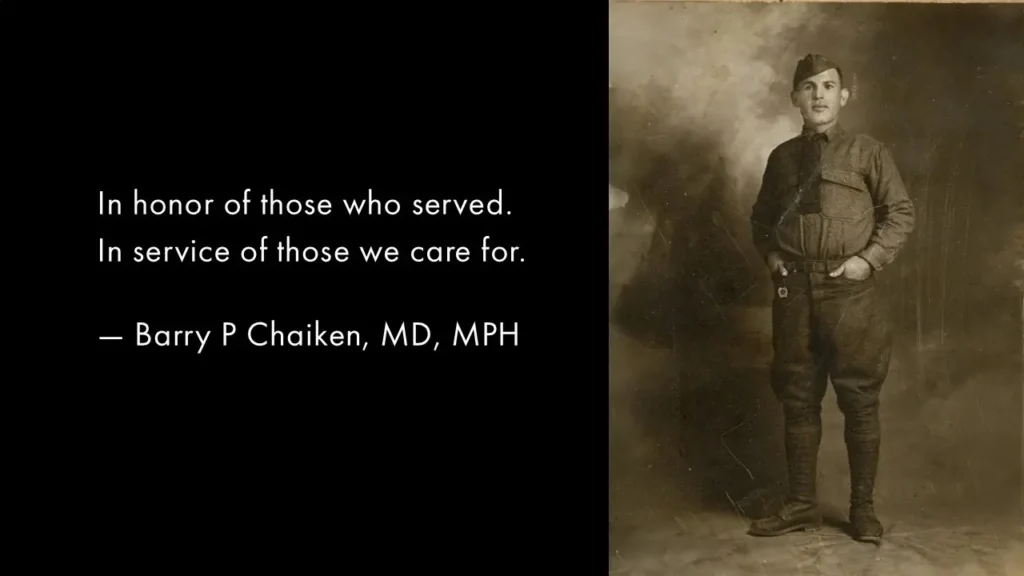 A quote by Dr. Barry Chaiken beside an image of a US soldier