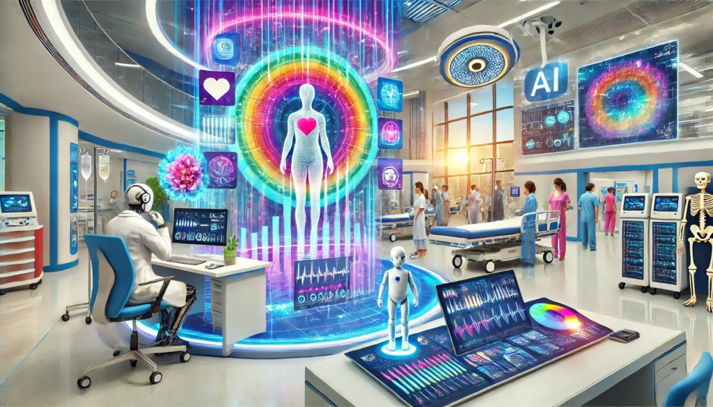 Graphic image - physician robots with hologram medical data screen