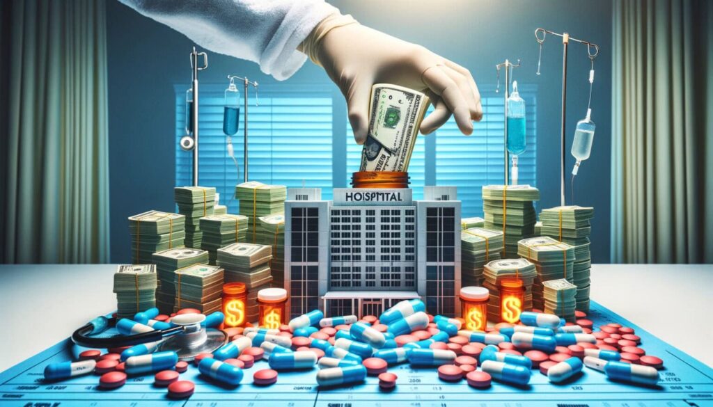 A hospital miniature model showing a pile of drug pills and bundles of cash