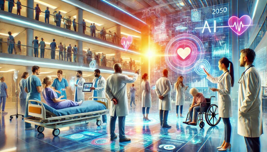 Doctors and patients in large hall - graphic image