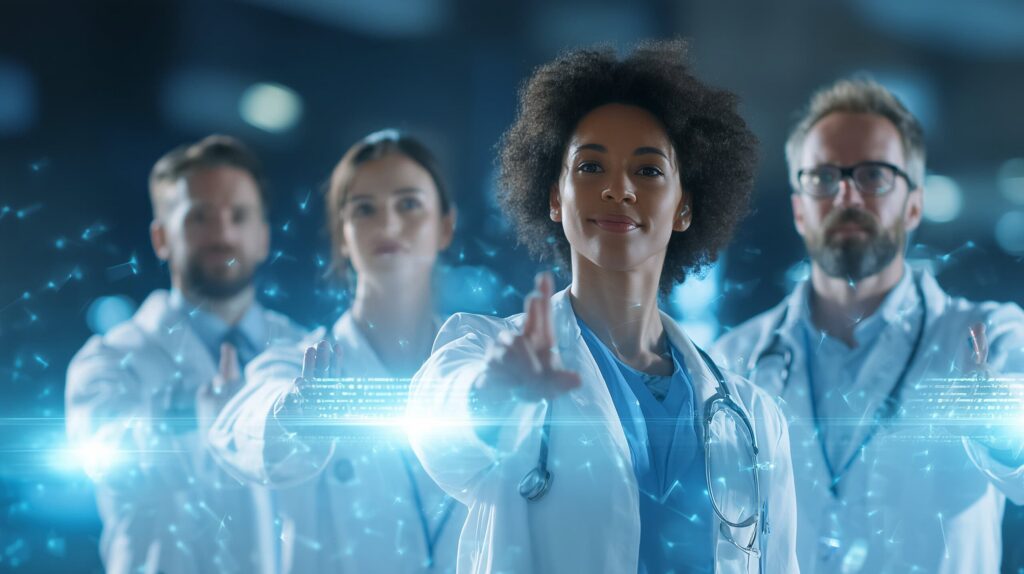 Four doctors confidently pointing to representative AI neural networks