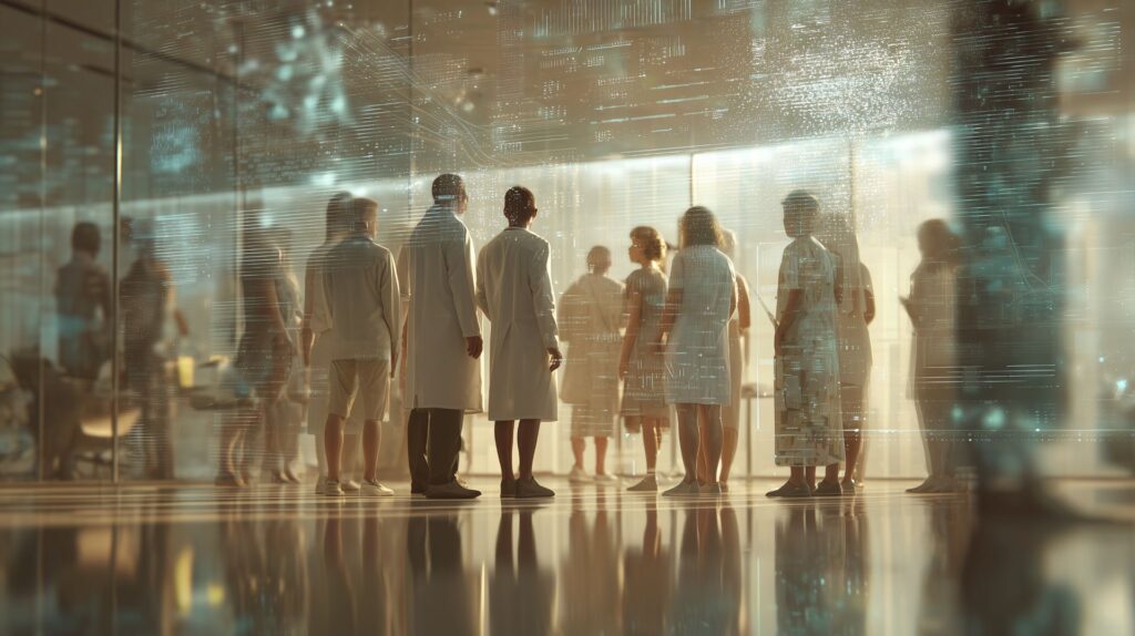 A group of doctors and hospital staff waiting; an overlay of neural networks