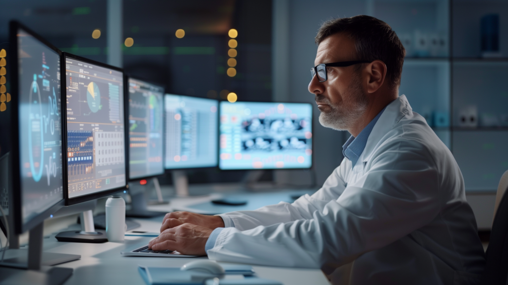 Clinician working in front of multiple monitors.